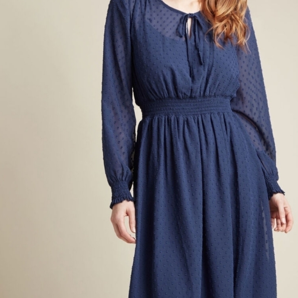 Modcloth blue clip dot long sleeve Midi dress Boho Bohemian Romantic  Flirty - Picture 4 of 8